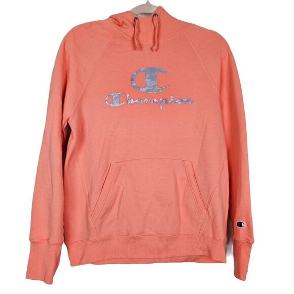 Champion Powerblend Fleece Hoodie Iridescent Script Logo Coral Pink M - Picture 1 of 7